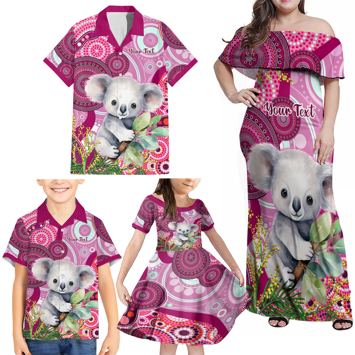 personalised-australia-family-matching-off-shoulder-maxi-dress-and-hawaiian-shirt-cute-koala-with-golden-wattle-indigenous-art