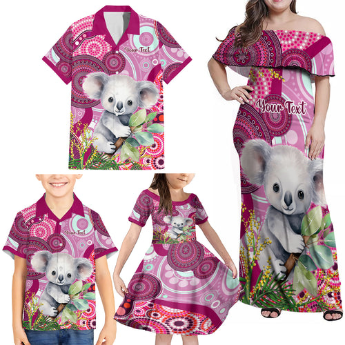 personalised-australia-family-matching-off-shoulder-maxi-dress-and-hawaiian-shirt-cute-koala-with-golden-wattle-indigenous-art