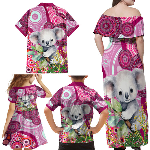 personalised-australia-family-matching-off-shoulder-maxi-dress-and-hawaiian-shirt-cute-koala-with-golden-wattle-indigenous-art