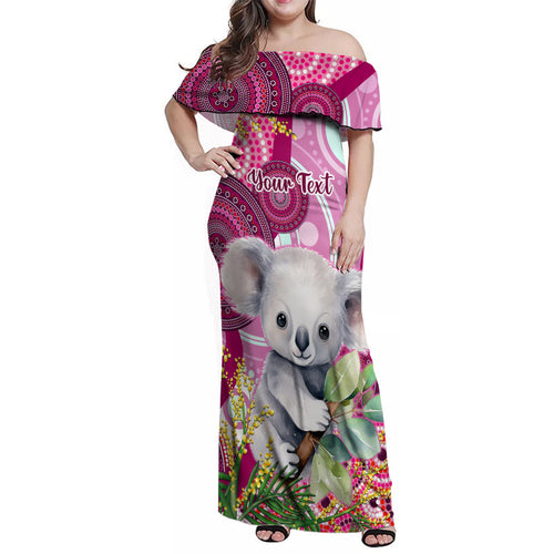 personalised-australia-family-matching-off-shoulder-maxi-dress-and-hawaiian-shirt-cute-koala-with-golden-wattle-indigenous-art
