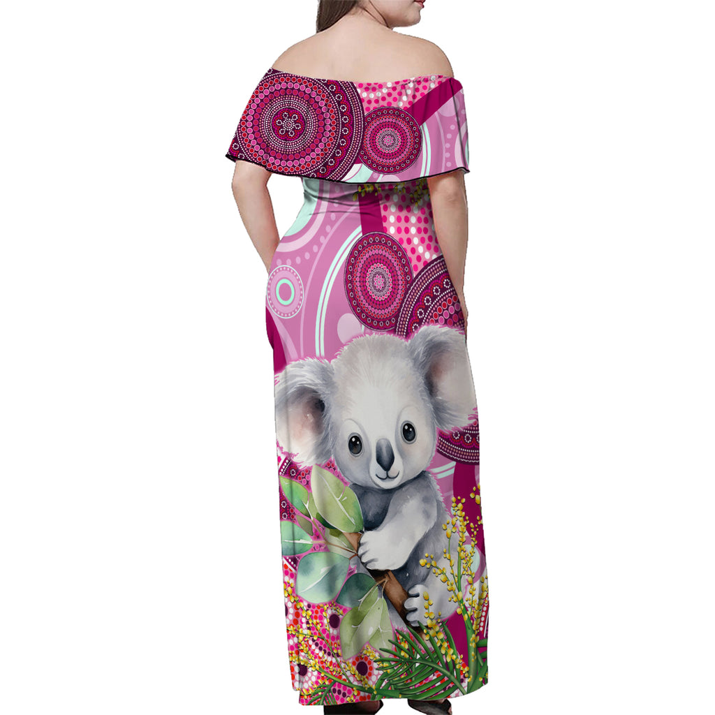personalised-australia-family-matching-off-shoulder-maxi-dress-and-hawaiian-shirt-cute-koala-with-golden-wattle-indigenous-art