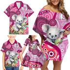 personalised-australia-family-matching-off-shoulder-short-dress-and-hawaiian-shirt-cute-koala-with-golden-wattle-indigenous-art