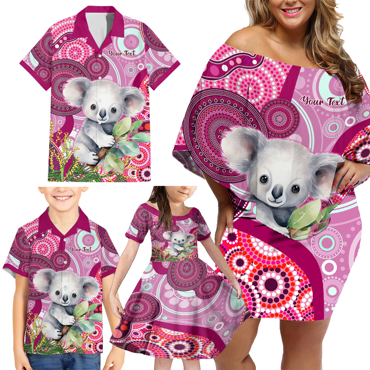 personalised-australia-family-matching-off-shoulder-short-dress-and-hawaiian-shirt-cute-koala-with-golden-wattle-indigenous-art