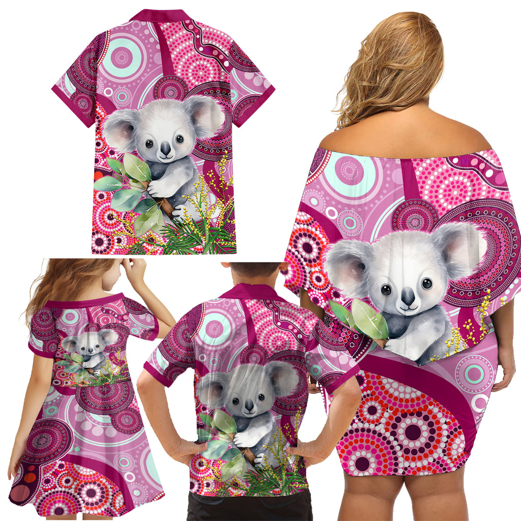 personalised-australia-family-matching-off-shoulder-short-dress-and-hawaiian-shirt-cute-koala-with-golden-wattle-indigenous-art