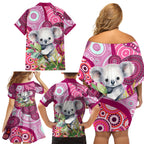 personalised-australia-family-matching-off-shoulder-short-dress-and-hawaiian-shirt-cute-koala-with-golden-wattle-indigenous-art