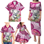 personalised-australia-family-matching-puletasi-dress-and-hawaiian-shirt-cute-koala-with-golden-wattle-indigenous-art