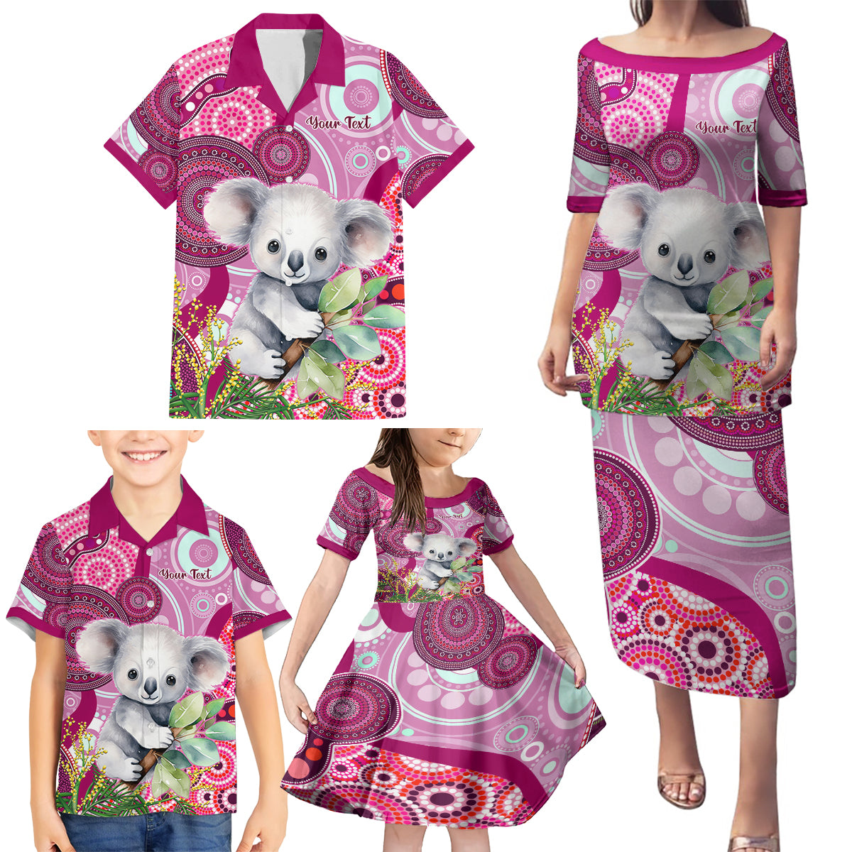 personalised-australia-family-matching-puletasi-dress-and-hawaiian-shirt-cute-koala-with-golden-wattle-indigenous-art