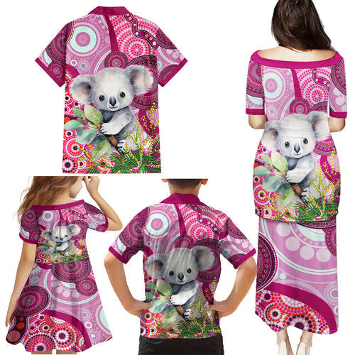 personalised-australia-family-matching-puletasi-dress-and-hawaiian-shirt-cute-koala-with-golden-wattle-indigenous-art