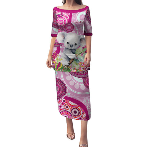 personalised-australia-family-matching-puletasi-dress-and-hawaiian-shirt-cute-koala-with-golden-wattle-indigenous-art