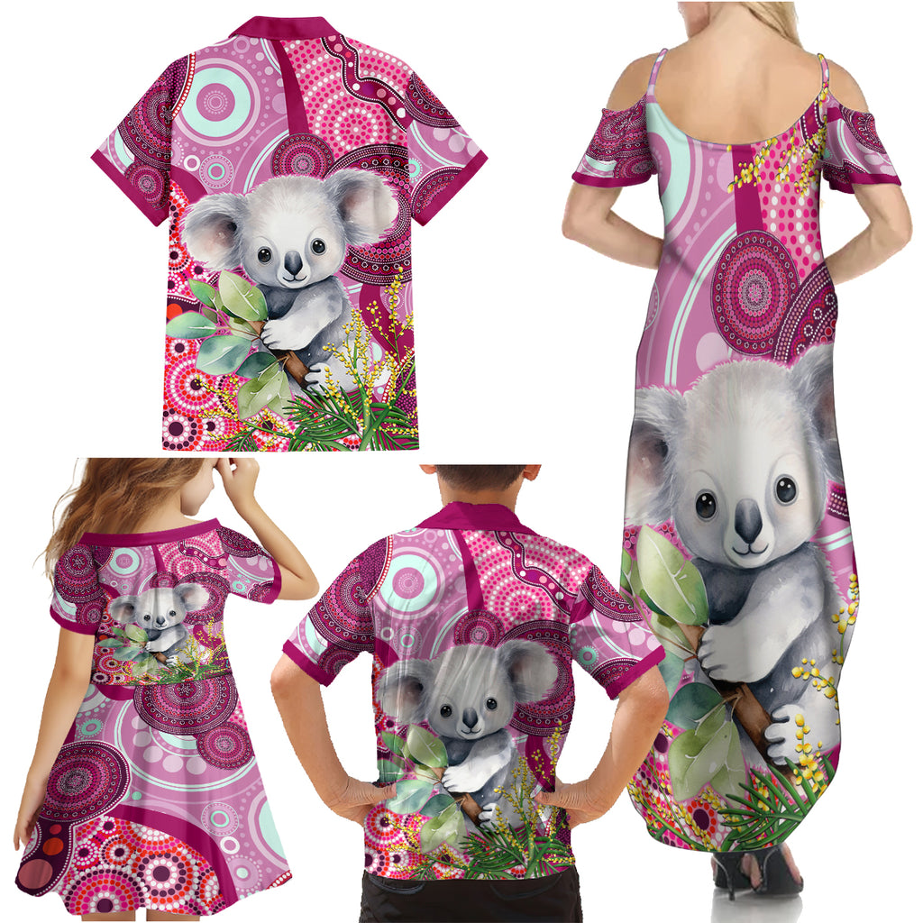 personalised-australia-family-matching-summer-maxi-dress-and-hawaiian-shirt-cute-koala-with-golden-wattle-indigenous-art