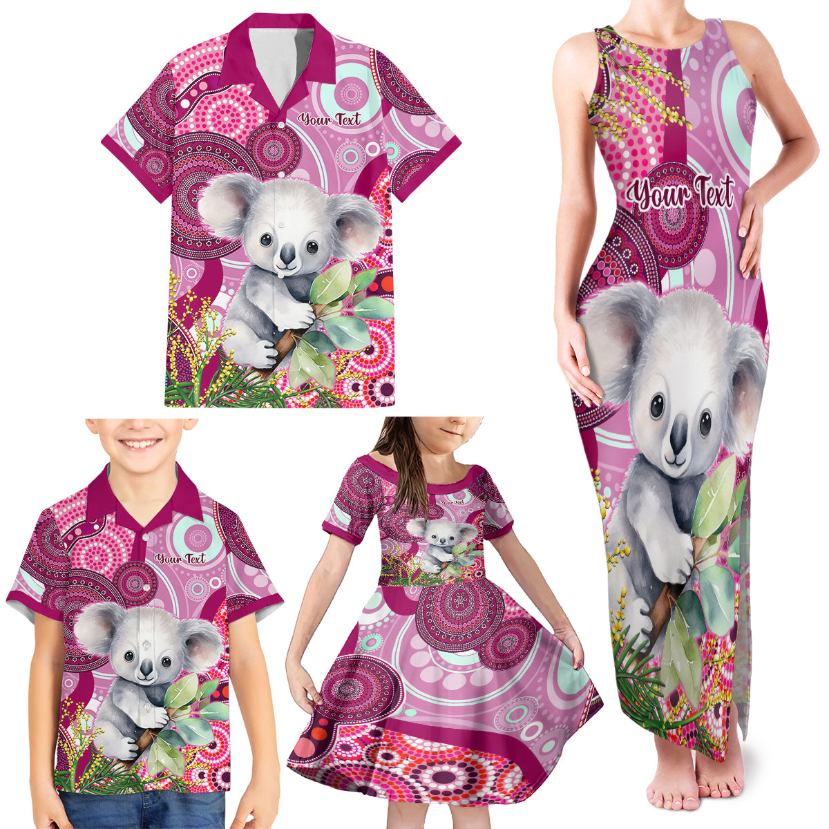 personalised-australia-family-matching-tank-maxi-dress-and-hawaiian-shirt-cute-koala-with-golden-wattle-indigenous-art