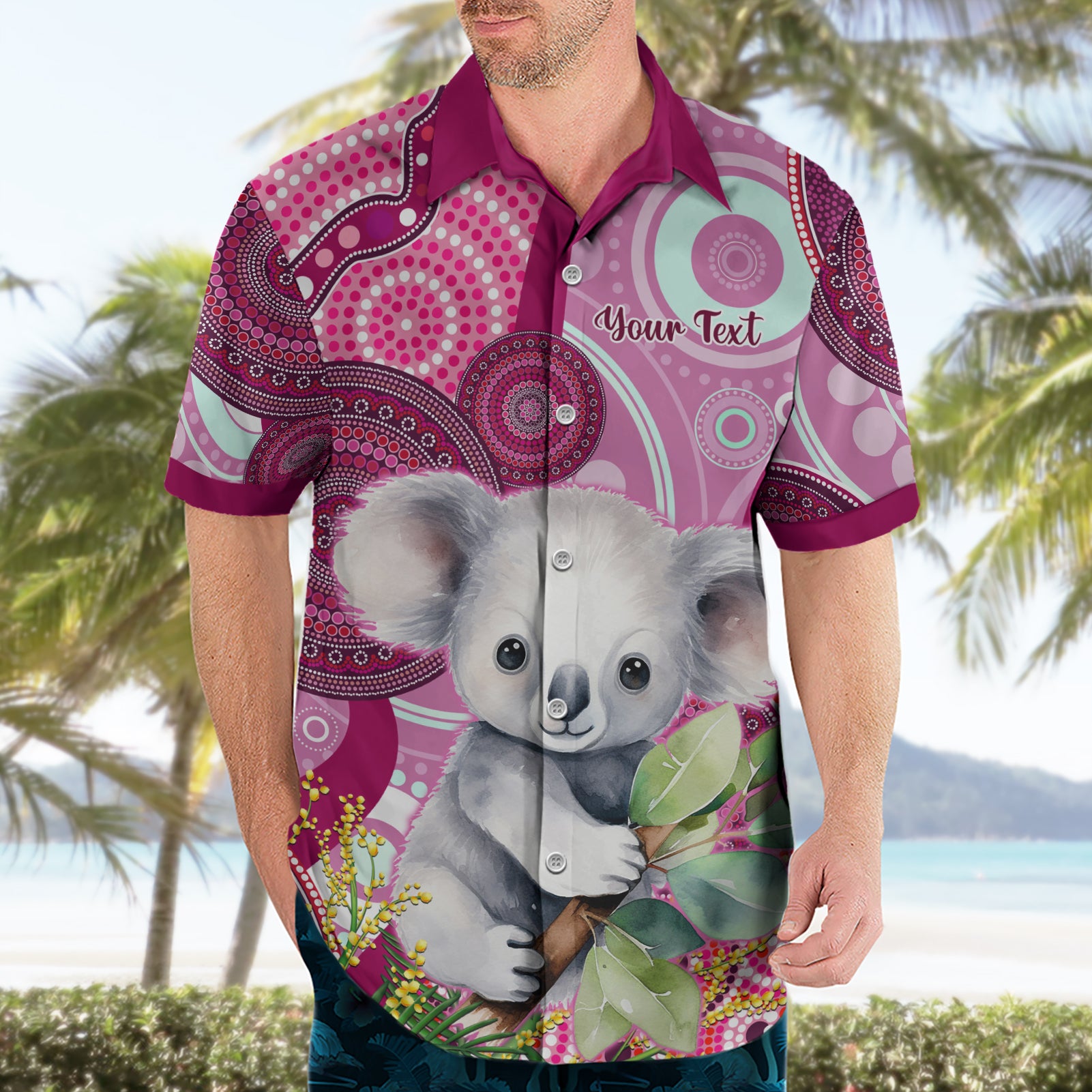 personalised-australia-hawaiian-shirt-cute-koala-with-golden-wattle-indigenous-art