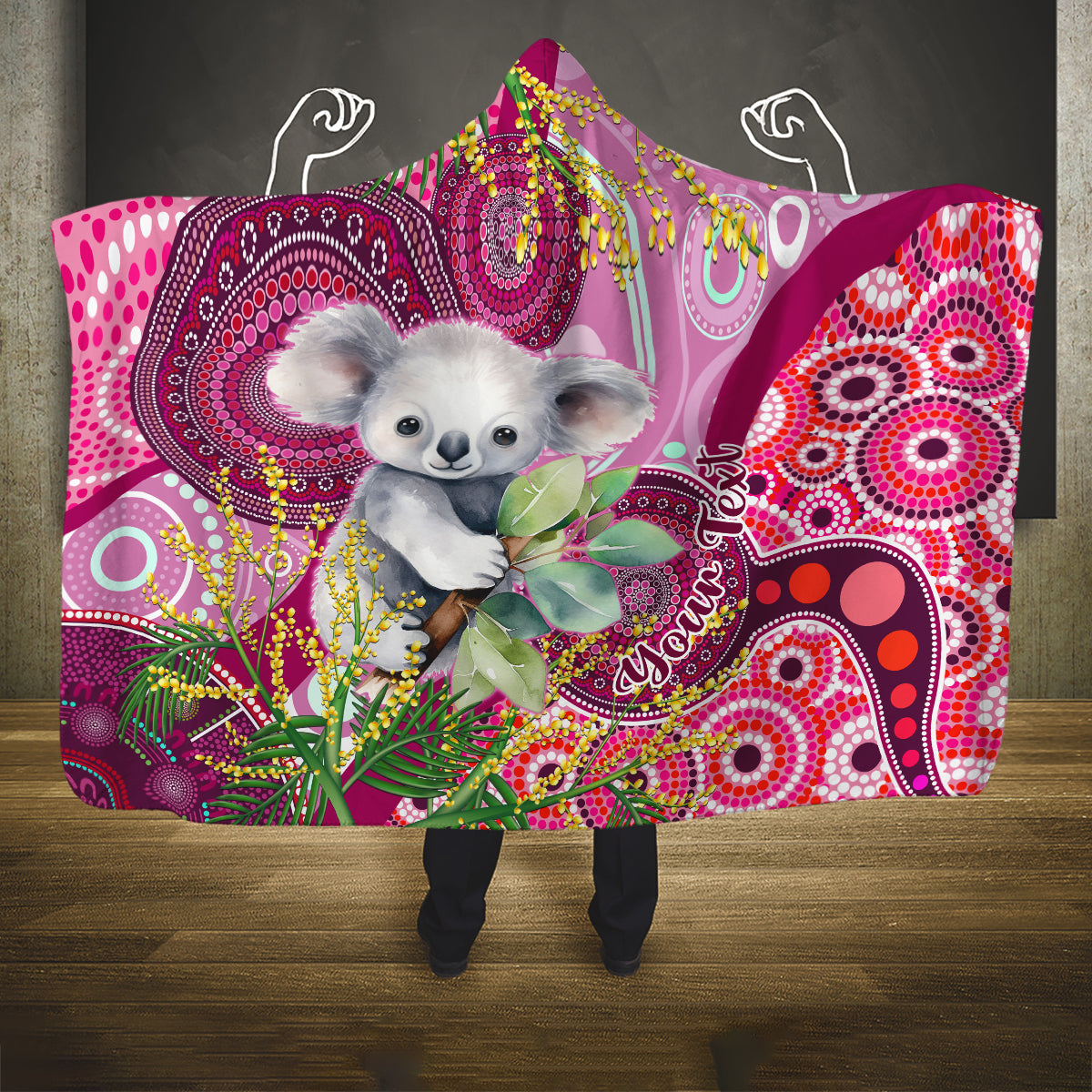 personalised-australia-hooded-blanket-cute-koala-with-golden-wattle-indigenous-art