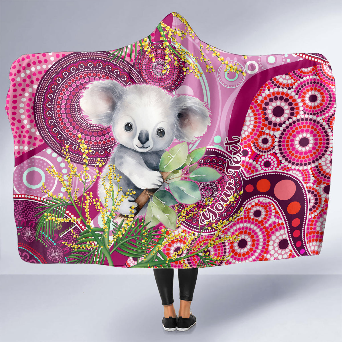 personalised-australia-hooded-blanket-cute-koala-with-golden-wattle-indigenous-art