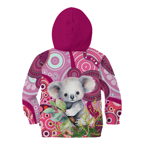 personalised-australia-kid-hoodie-cute-koala-with-golden-wattle-indigenous-art