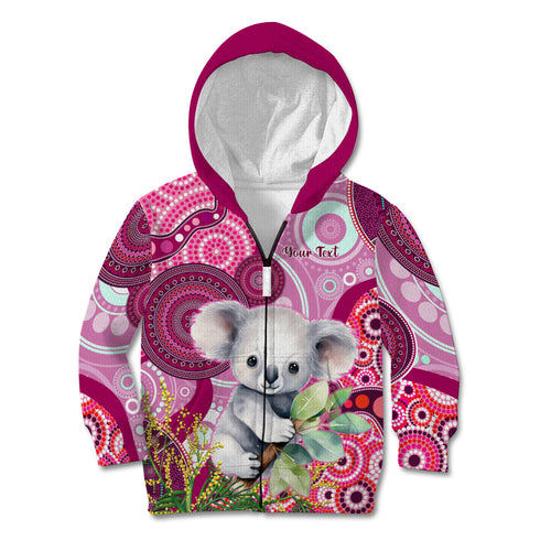 personalised-australia-kid-hoodie-cute-koala-with-golden-wattle-indigenous-art