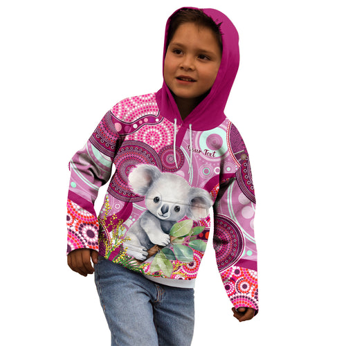 personalised-australia-kid-hoodie-cute-koala-with-golden-wattle-indigenous-art