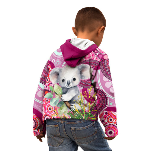 personalised-australia-kid-hoodie-cute-koala-with-golden-wattle-indigenous-art