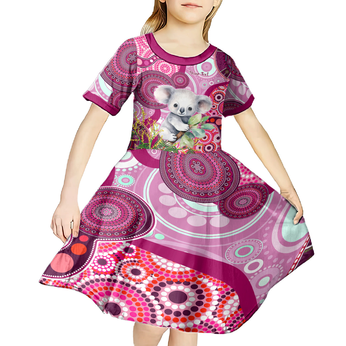 personalised-australia-kid-short-sleeve-dress-cute-koala-with-golden-wattle-indigenous-art
