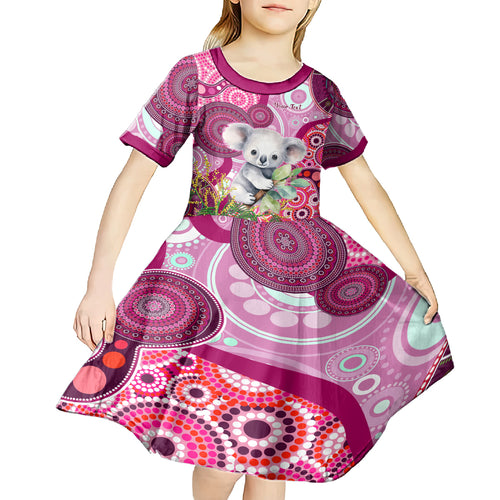 personalised-australia-kid-short-sleeve-dress-cute-koala-with-golden-wattle-indigenous-art