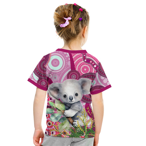 personalised-australia-kid-t-shirt-cute-koala-with-golden-wattle-indigenous-art