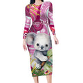 personalised-australia-long-sleeve-bodycon-dress-cute-koala-with-golden-wattle-indigenous-art