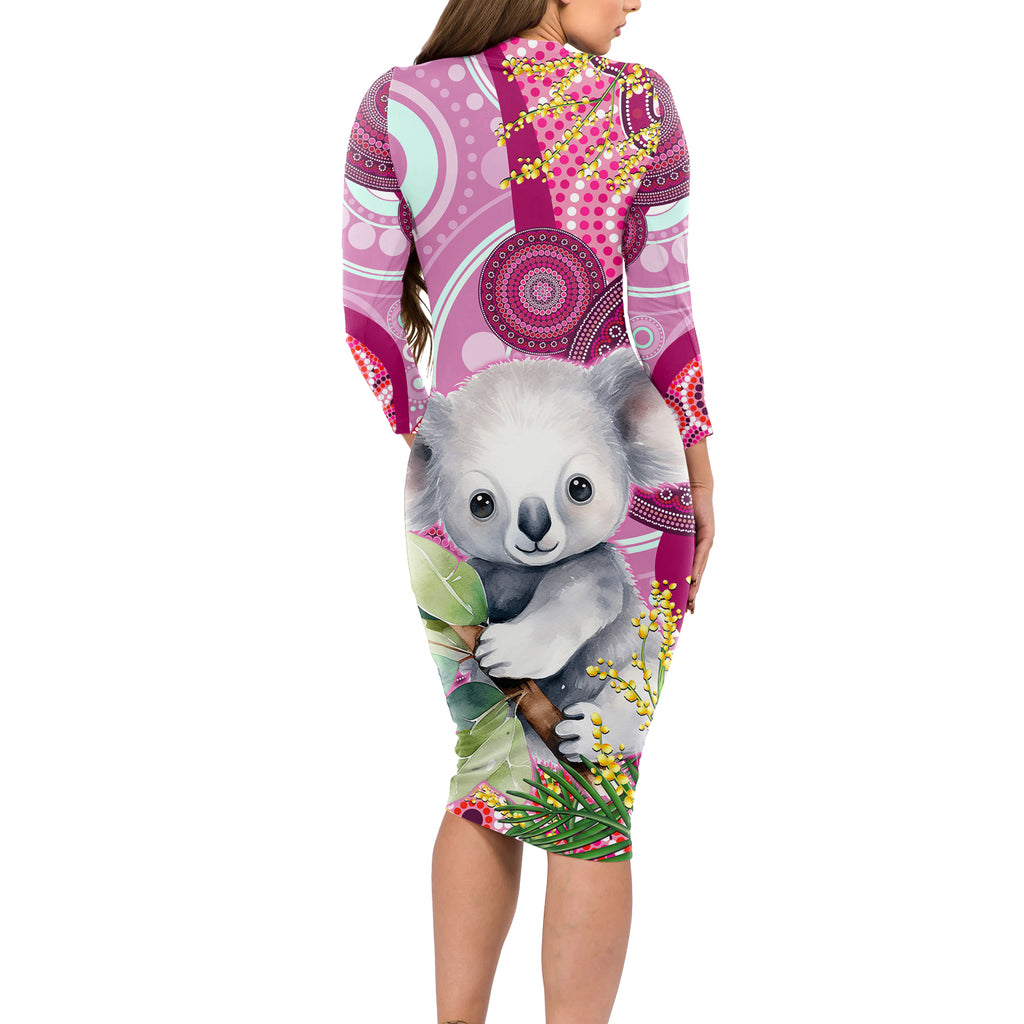 personalised-australia-long-sleeve-bodycon-dress-cute-koala-with-golden-wattle-indigenous-art