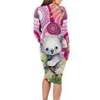 personalised-australia-long-sleeve-bodycon-dress-cute-koala-with-golden-wattle-indigenous-art