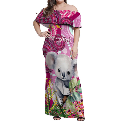 personalised-australia-off-shoulder-maxi-dress-cute-koala-with-golden-wattle-indigenous-art