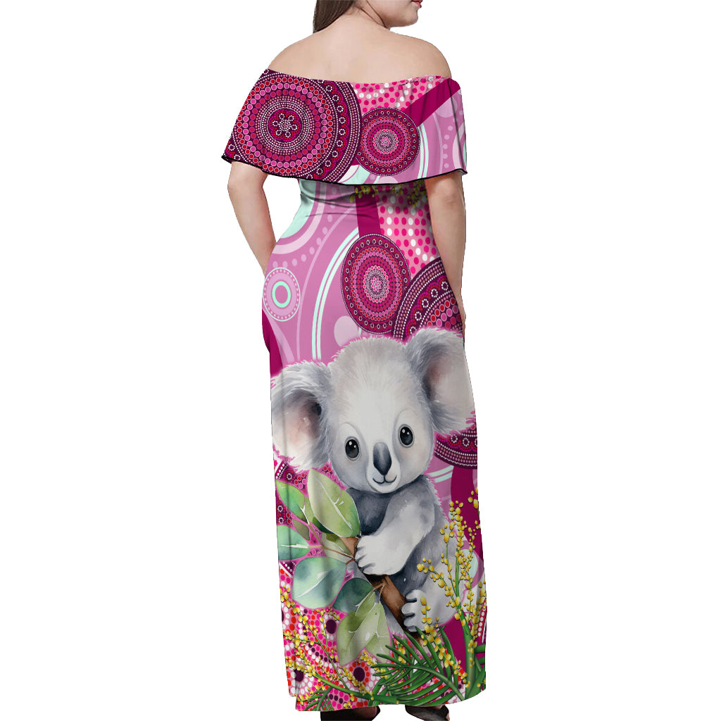personalised-australia-off-shoulder-maxi-dress-cute-koala-with-golden-wattle-indigenous-art