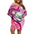 personalised-australia-off-shoulder-short-dress-cute-koala-with-golden-wattle-indigenous-art