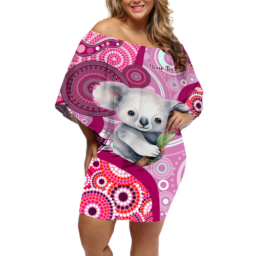 personalised-australia-off-shoulder-short-dress-cute-koala-with-golden-wattle-indigenous-art