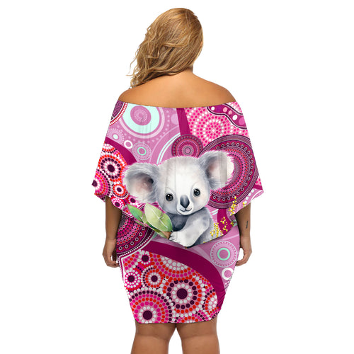 personalised-australia-off-shoulder-short-dress-cute-koala-with-golden-wattle-indigenous-art