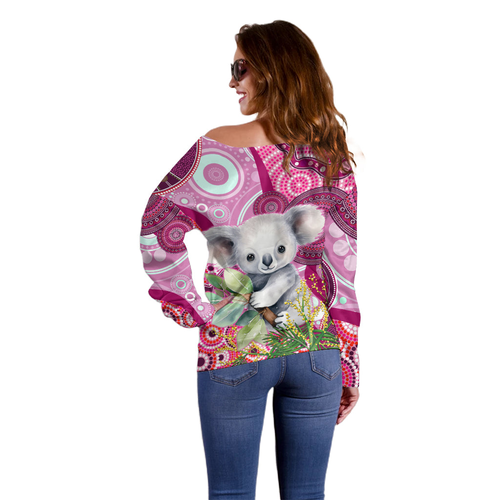 personalised-australia-off-shoulder-sweater-cute-koala-with-golden-wattle-indigenous-art