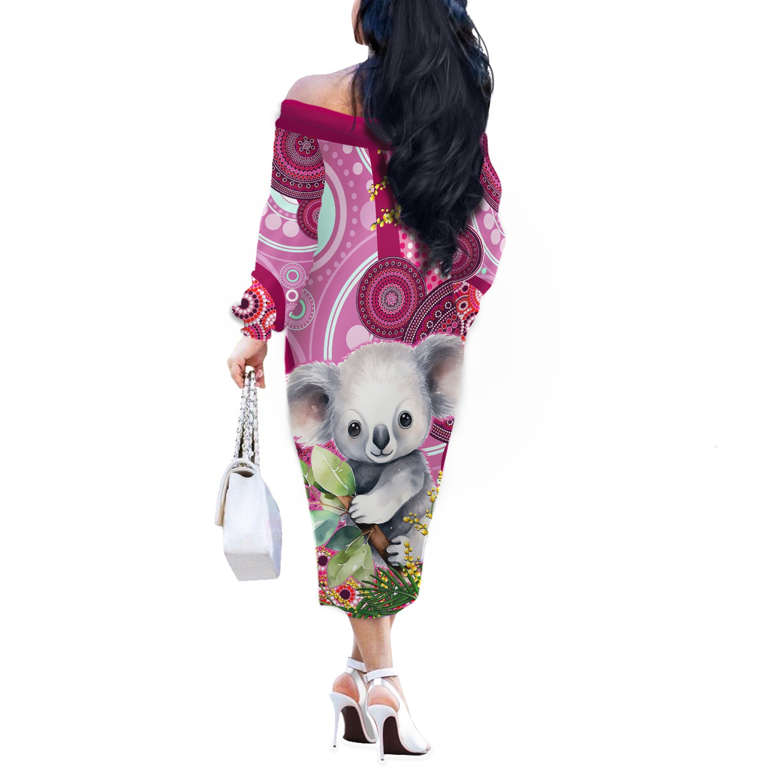 personalised-australia-off-the-shoulder-long-sleeve-dress-cute-koala-with-golden-wattle-indigenous-art