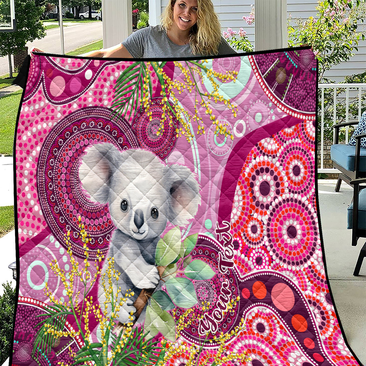 personalised-australia-quilt-cute-koala-with-golden-wattle-indigenous-art