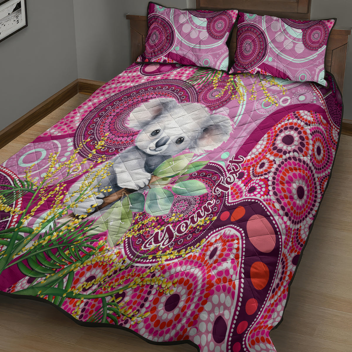 personalised-australia-quilt-bed-set-cute-koala-with-golden-wattle-indigenous-art