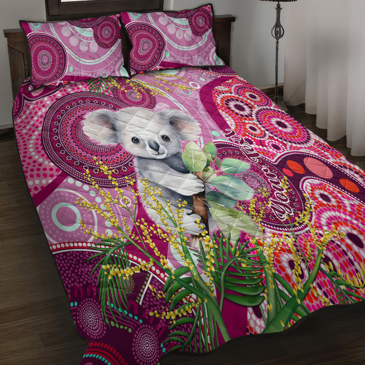 personalised-australia-quilt-bed-set-cute-koala-with-golden-wattle-indigenous-art