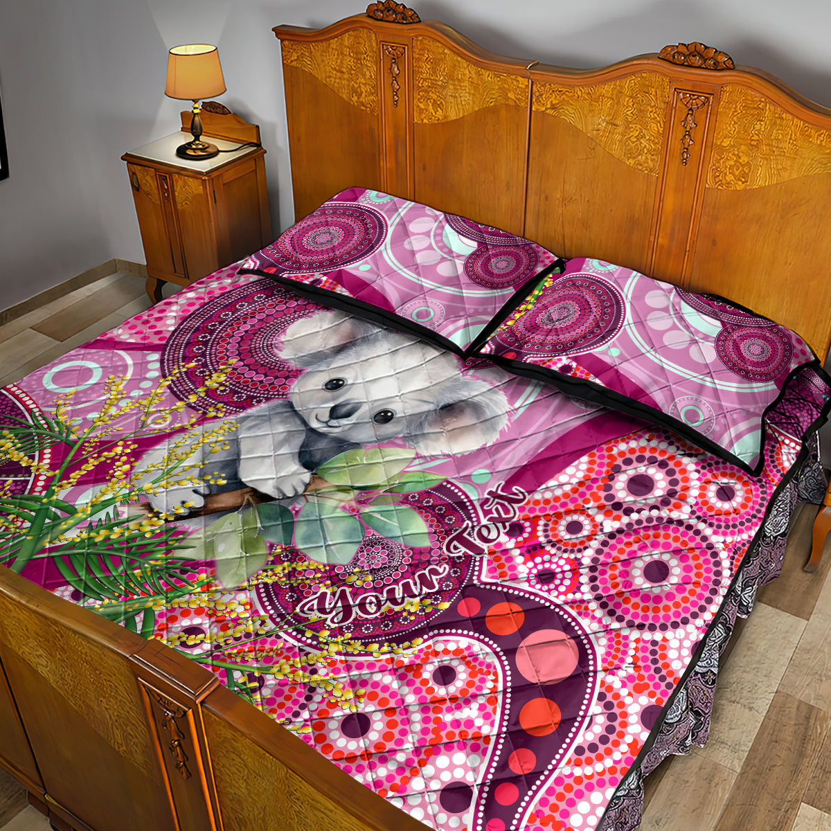 personalised-australia-quilt-bed-set-cute-koala-with-golden-wattle-indigenous-art