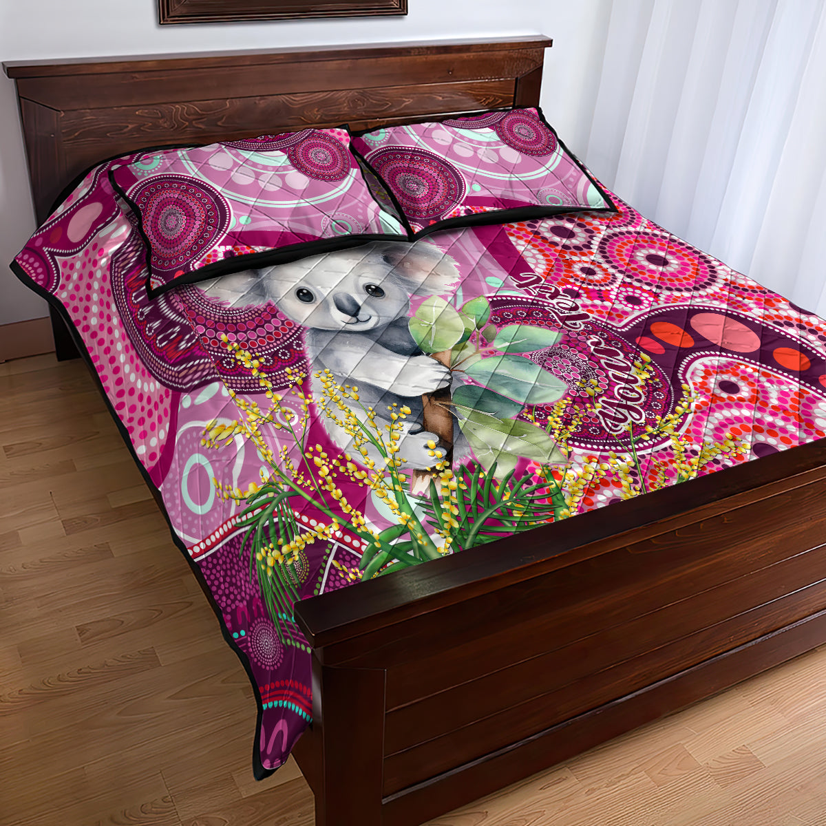 personalised-australia-quilt-bed-set-cute-koala-with-golden-wattle-indigenous-art