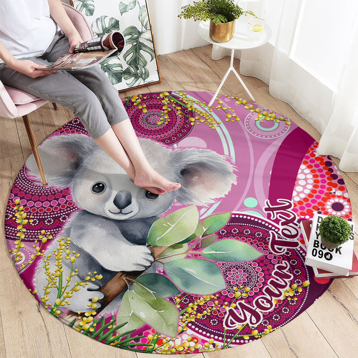personalised-australia-round-carpet-cute-koala-with-golden-wattle-indigenous-art
