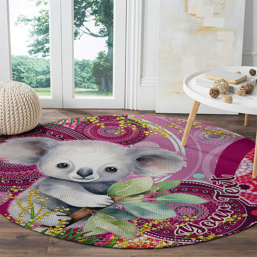 personalised-australia-round-carpet-cute-koala-with-golden-wattle-indigenous-art