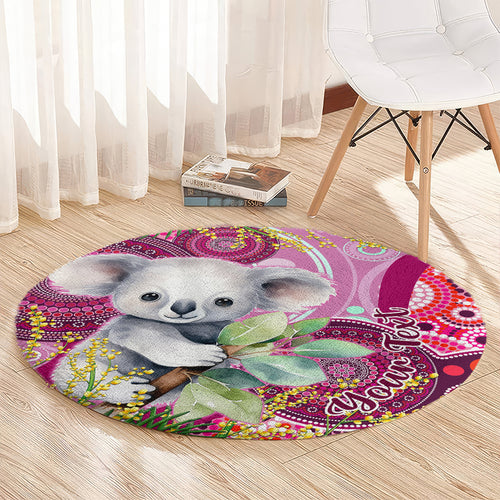 personalised-australia-round-carpet-cute-koala-with-golden-wattle-indigenous-art