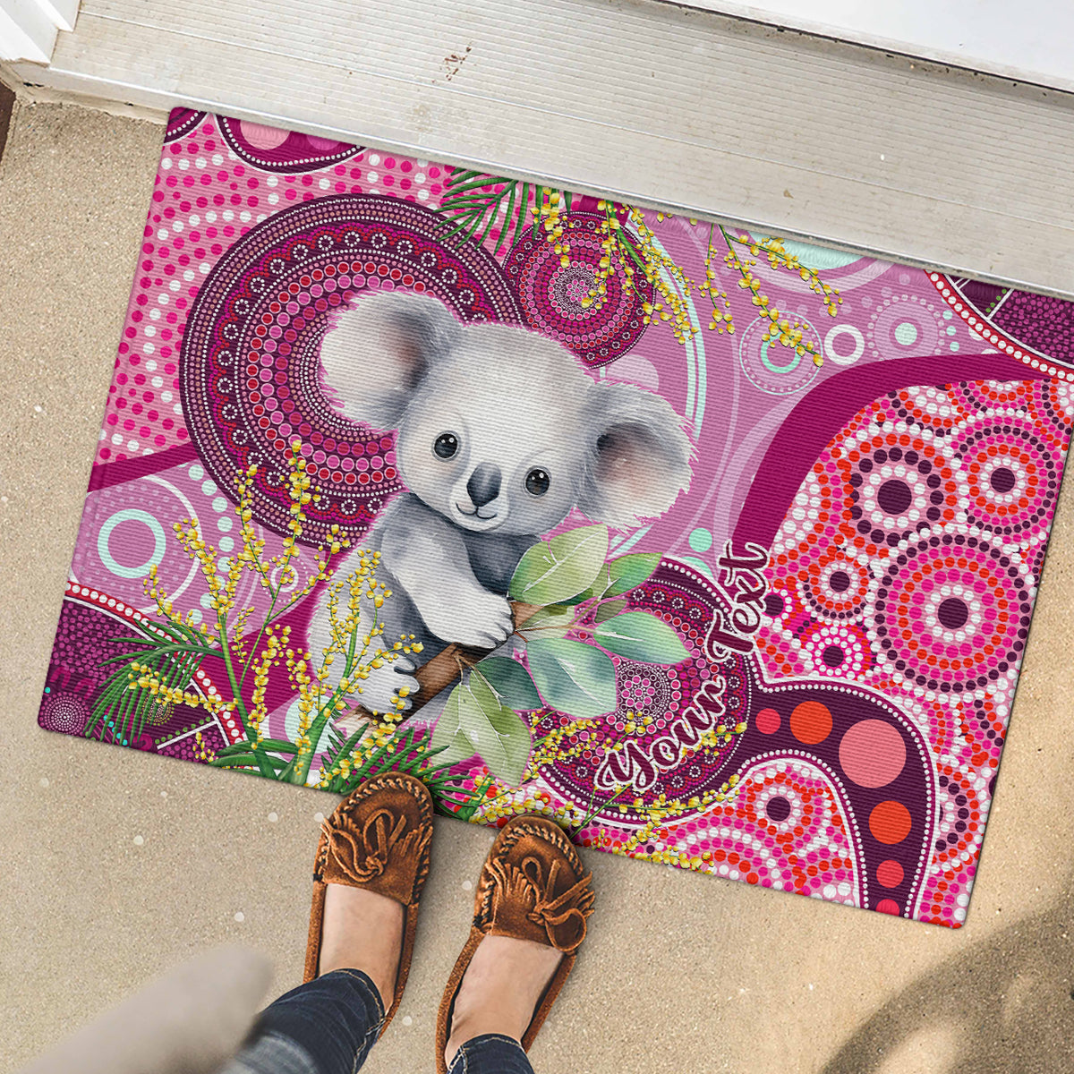 personalised-australia-rubber-doormat-cute-koala-with-golden-wattle-indigenous-art
