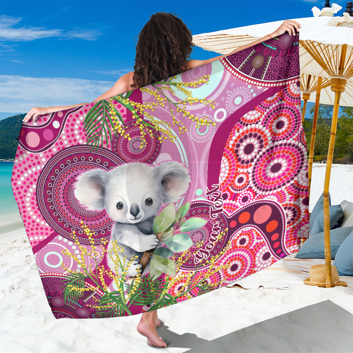 personalised-australia-sarong-cute-koala-with-golden-wattle-indigenous-art