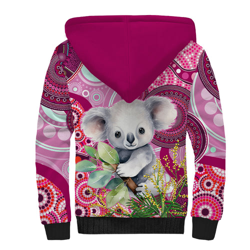 personalised-australia-sherpa-hoodie-cute-koala-with-golden-wattle-indigenous-art
