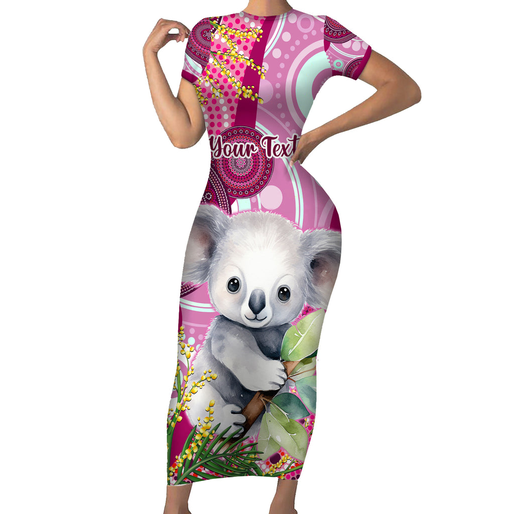 personalised-australia-short-sleeve-bodycon-dress-cute-koala-with-golden-wattle-indigenous-art