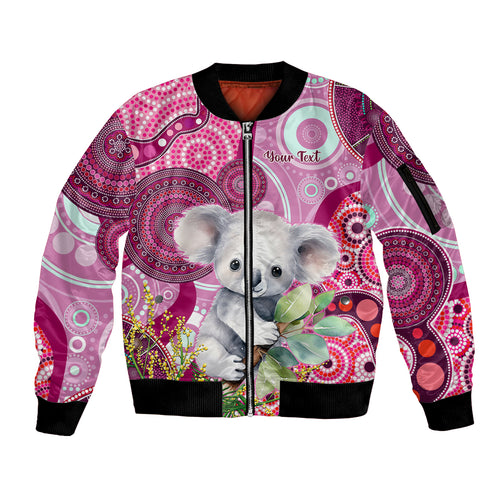 personalised-australia-sleeve-zip-bomber-jacket-cute-koala-with-golden-wattle-indigenous-art