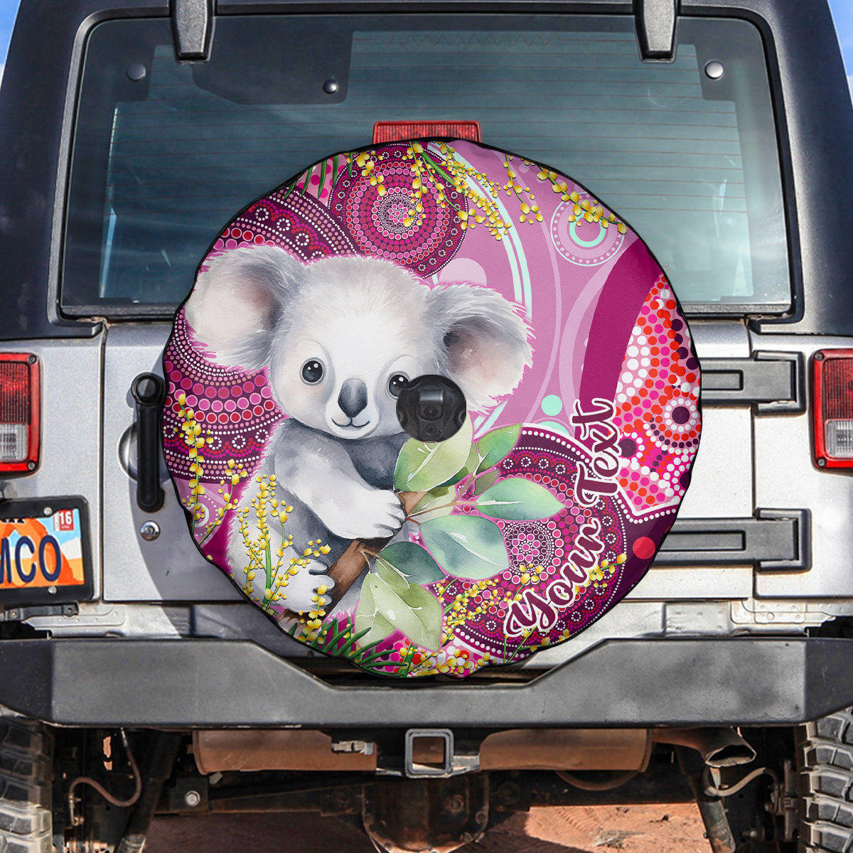personalised-australia-spare-tire-cover-cute-koala-with-golden-wattle-indigenous-art