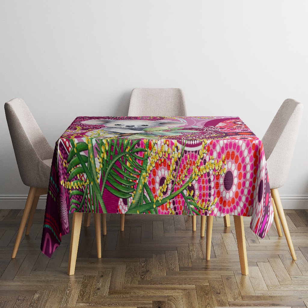 personalised-australia-tablecloth-cute-koala-with-golden-wattle-indigenous-art